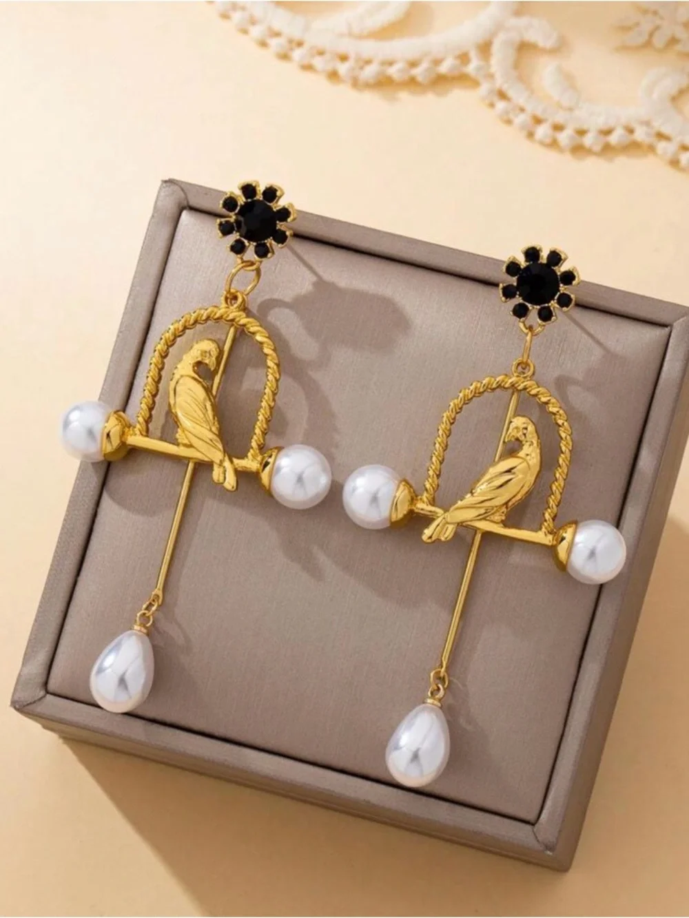 Gold Bird & Pearl Drop Earrings - Black Flower Accent